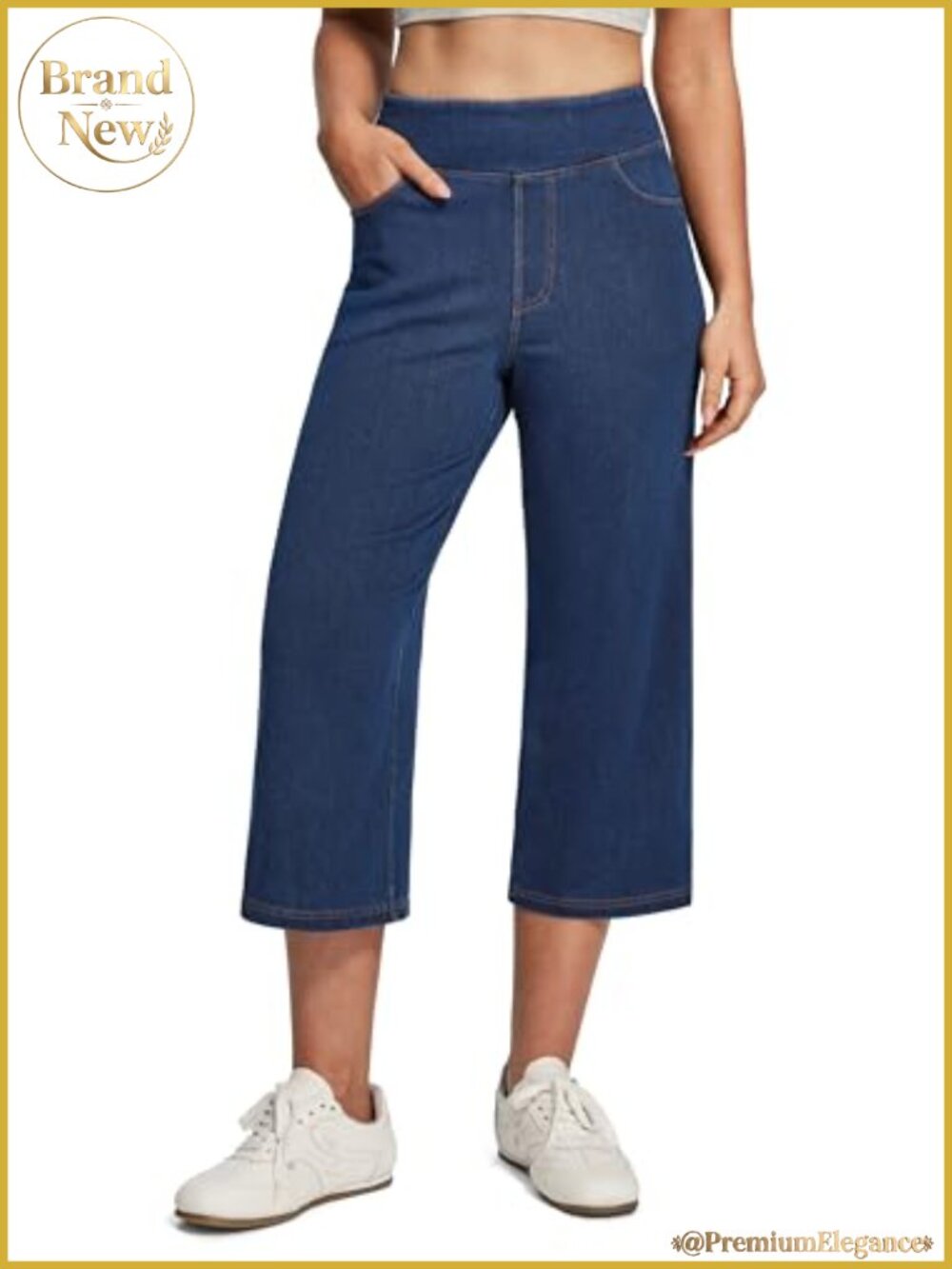 Stretchy Capri Jeans Women Pull On Tummy Control Wide Leg Denim Pockets